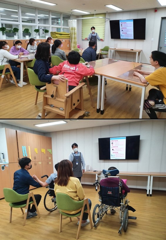 생활안전, 코로나19 감염예방교육 실시 저희 센터에서는 생활안전교육과 코로나19 감염예방교육을 실시하였습니다. 생활안전교육은 화재, 지진 등 재난에 따른 안전수칙을 이해하고, 피난안내도에 따라 직접 실습을 해보기도 하였습니다. 코로나19 감염예방교육은 코로나 19 감염예방수칙을 이해하고, 마스크 착용에 대한 교육, 그리고 손씻기를 직접 해보았습니다. 앞으로도 생활속에서 이용인의 안전을 위해 항상 노력하겠습니다.