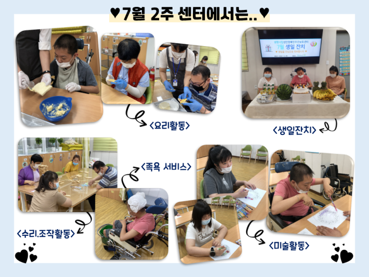 7월 2주 센터소식 7월 2주차 센터에서는 인근지역 코로나19 확산으로 다시 재휴관에 들어가며 긴급돌봄 서비스로 전환되었습니다. 긴급돌봄 서비스가 진행된 2주차에는 맛있는 딸기잼과 햄, 치즈, 버터를 올려 샌드위치를 만들어보는 요리활동, 3~7월 생일을 함께 축하하는 생일잔치, 사물함에 새로 붙힐 테두리를 직접 색칠해 본 미술활동, 몸의 경직을 풀며 혈액순환을 돕는 족욕서비스, 나무블럭을 활용하여 수를 세어보고 쌓아보기도 하는 수리조작활동까지 다양한 활동을 진행하였습니다.